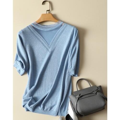 Lace Knitted Women T-Shirts Summer New 2021 O-Neck Solid Short-Sleeved Slim Elastic Office Lady Elegant Pulls Tops Tees