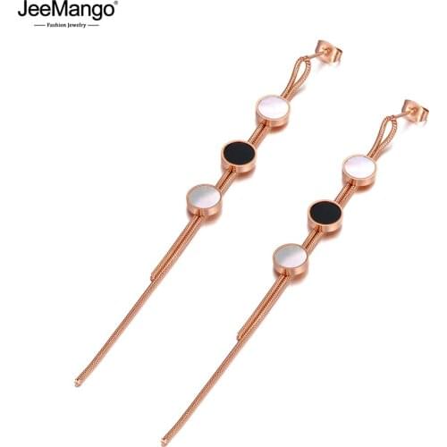 JeeMango Trendy 316L Stainless Steel Acrylic Shell Tassel Drop Earrings For Women Bohemia Chain Dangle Earrings Jewelry JE20064