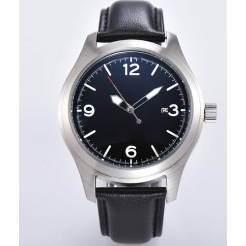 New Parnis 44mm Automatic Mens Wristwatch Miyota 8215 movement Auto Date Black Dial Brushed case leather strap mens watches
