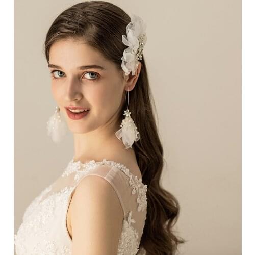 Elegant Bridal Headdress Silver Bracket Organza Pearl Flower Handmade Hair Comb Earrings Set for Wedding Perform Studio O577