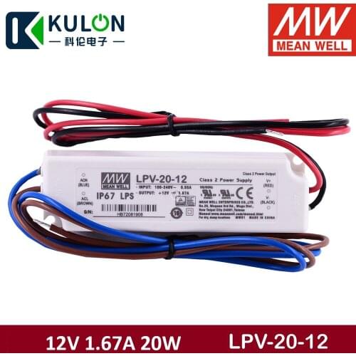 Original Meanwell isolated plastic IP67 Single Output Switching Power Supply Lpv-20-12 20W 90~264VAC To DC 12V 1.67A Led Driver