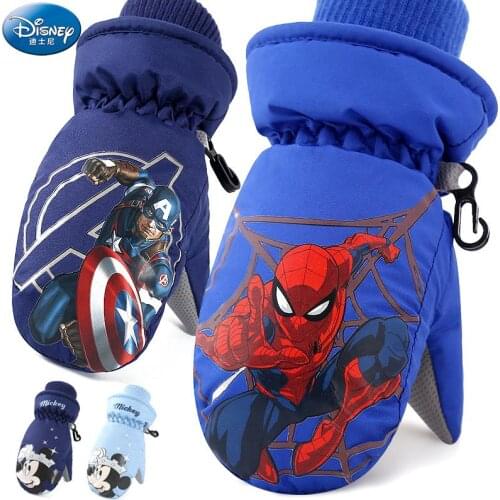 Original Disney Childrens Ski Gloves Winter Boys Waterproof Cold Warm Spiderman Girls Little Boys Playing Snow