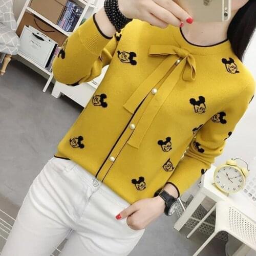 Womens Pullover 2020 Ｎew Female Autumn Winter No Velvet/Plus Velvet Sweater Loose All-Match Sweater Long Sleeve Top Bowknot