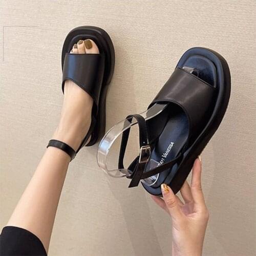 Sandals womencasual shoes sandalias de las mujeres zapatos planos platform pu fashion buckle strap summer black open toe shoes