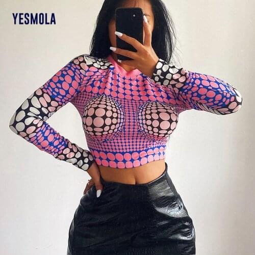 YESMOLA Y2k Sexy Exposed Navel Print Knitted Bottomed Long Sleeve Personalized Color Contrast Shirt Casual Women T Shirt