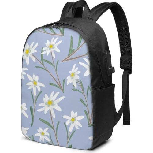 School Laptop Backpack Cute Edelweiss Flowers 17 inch Travel Multi USB Charger Bag