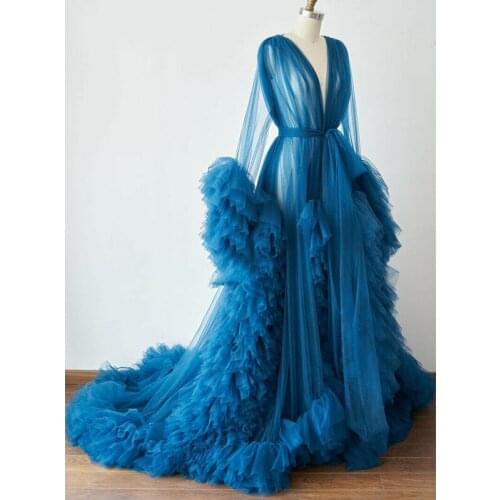 Dark Blue Tiered Skirts Maternity Gown Long Sleeve Ruffles Wedding Sleepwear Bathrobes Nightgowns Robes Women Dress Kimono