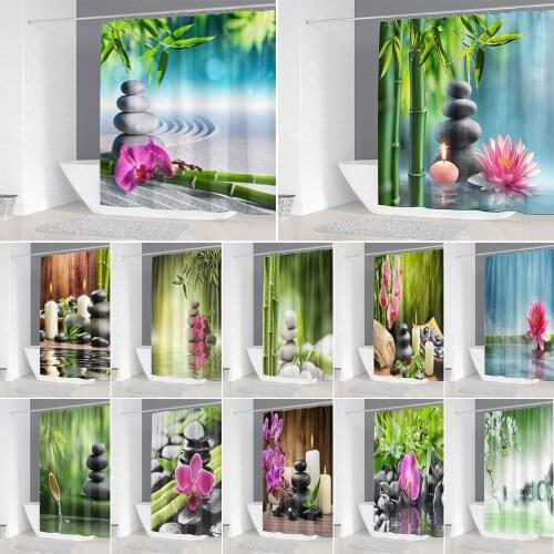 Zen Shower Curtain Bathroom Decoration Running Water Green Bamboo Buddha Bath Curtains Waterproof Mildew Washable with 12 Hooks