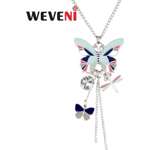 WEVENI Enamel Alloy Rhinestone Butterfly Dragonfly Necklace Pendant Novelty Insect Jewelry For Women Girls Ladies Teen Gift Bulk