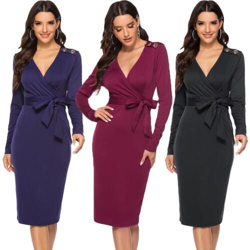 Fashion Women Long Sleeve Office Work Dress Casual V Neck Bodycon Dresses Belt Bandage Sheath Pencil Knee Length Solid Color
