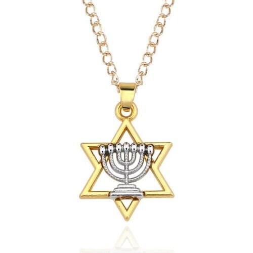 10PCSReligious Menorah And Star Of David Jewish Jewelry Hexagram Candlestick Necklace Judaica Hebrew Israel Faith Lamp Hanukkah