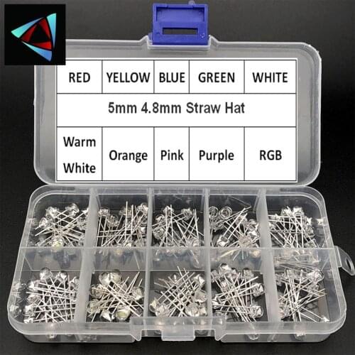 100pcs 5mm 4.8mm Straw Hat Clear Warm White Green Red Blue Purple Yellow Orange Pink RGB DIY Light Emitting Diode Set Box
