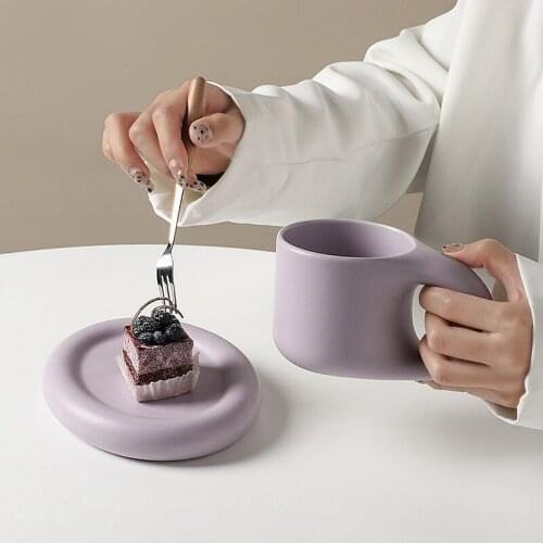 300ml Nordic Style Ceramic Coffee Cup With Saucer Plate Thick Handle Mug Pastry Saucer Plate Afternoon Tea Set Household Kitchen