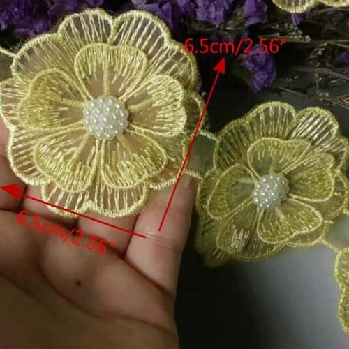 5x Pearl Yellow Lace Edge Trim Beaded Embroidered Flower Ribbon Floral Applique DIY Patches Fabric Sewing Craft Wedding 6.5cm