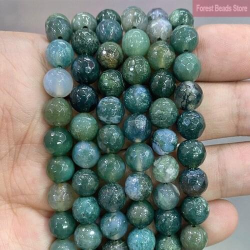 Faceted Moss Grass Green Agates Football Shape Round Beads Natural Stone for Jewelry Making Diy Bracelet 15'' Inch 4/6/8/10/12mm