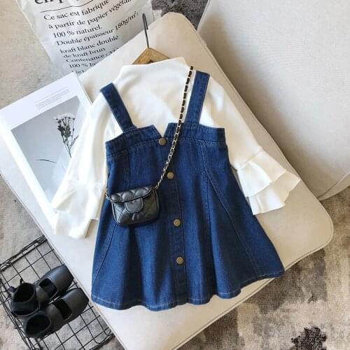 Toddler Baby Girls 2 Pieces Suit Set, Solid Color Round Neck Long Flare Sleeve Top + Suspender Skirt Fashion Outfits, 2-8 Years