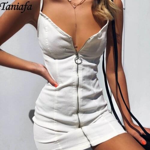 Summer Womens Sexy Suspender Dress Ladies Ring Zipper Buttocks Slim Dress Solid Color V Neck Mini Dresses