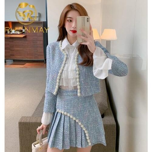 Fashion 2021 Winter Autumn Womens Clothing Outfit Fashion Socialite Long-sleeve Tweed Coat Shirt Short Skirt Three Piece Suit