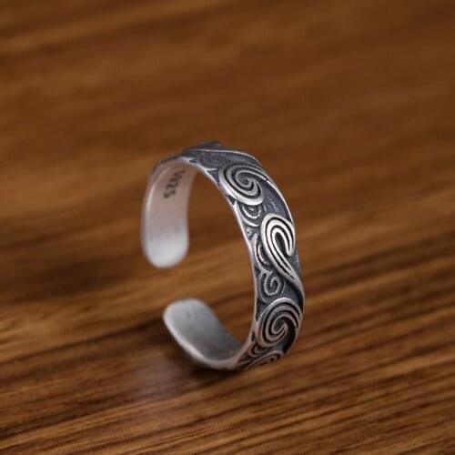 S925 Sterling Silver Open ring Retro ring men and women 2021 new simple temperament ins cold wind moire opening ring