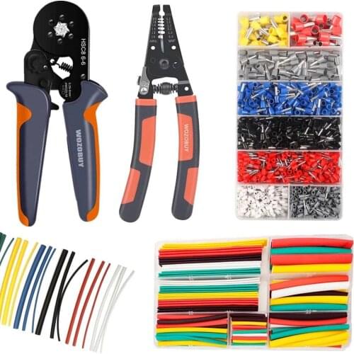 Ferrule Crimping Tool Kit,WOZOBUY Self-Adjustable Ratchet Crimping Plier,Wire Stripper Plier,With Terminals and Heat Shrink Tube