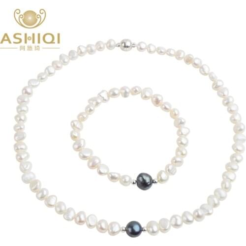 ASHIQI Real Freshwater Pearl Jewelry set for Women with Pure 925 Sterling Silver Beads Handmade Necklace Bracelet Bridal Gift