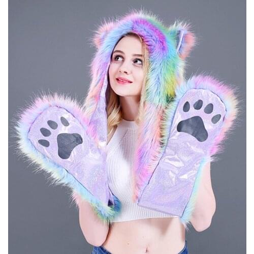 New Winter Faux Fur Caps Women Rainbow Colorful Warm Ears Girls Caps Novelty Cartoon Animals Party Hat Female Cosplay Hats Mw324