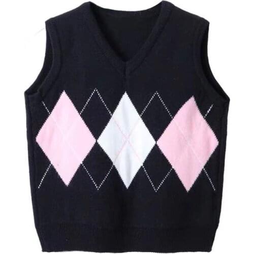 Autumn Winter New Argyle Sweater Vest V Neck Sleeveless Jumper Vintage Crop Top Plaid Knitted Pullover Clothes Flame Sweaters