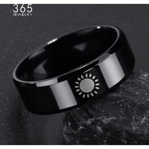 Hot Sale 8MM Wide Stainless Steel Black Color Signet Ring For Women Engraved Sun Symbol Men Ring Drop Shipping