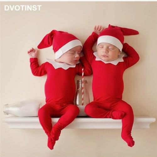 Dvotinst Newborn Baby Photography Props Christmas Red Santa Clause Hat Romper 2pcs Outfits Set Studio Shooting Photo Props