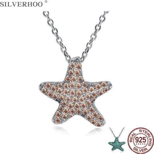 SILVERHOO Genuine 925 Sterling Silver Creative Sea Star Necklace Pendant Personality Dazzling CZ Necklaces Women Jewelry Gift