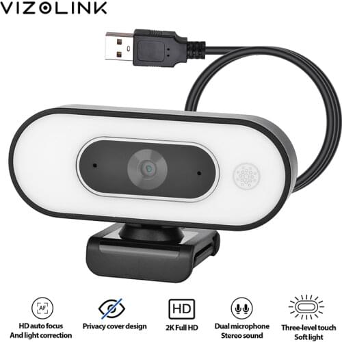 VizoLink Webcam Real 2K 400W Pixels Wide Angle 3 Grades Brightness Camera with 2 Microphones and Tripod for Video Conference