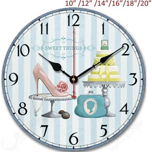 Vintage Sweet Things Stripe Sky Blue White High Heel Shoes Cake Holder Wallet with Arabic Numbers Printed Round Wood Wall Clock