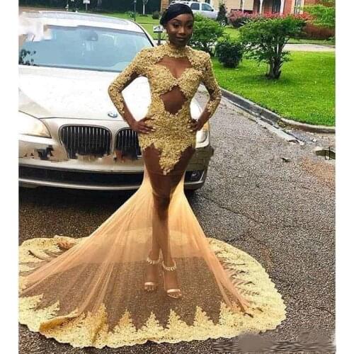 Yellow Black Girls Evening Dresses Sexy See Though High Collar Long Sleeve Lace Unique Prom Gowns Speical Occasion Dress