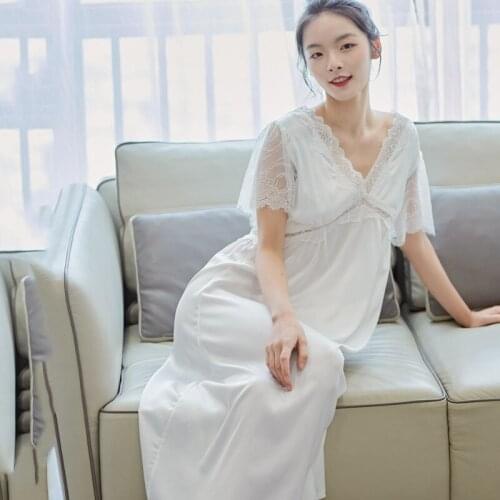 Women Long Nightgown Sexy Patchwork Lace Nightdress Sleepwear Spring Summer Silk Rayon Sleepshirt Bathrobe Loose Home Clothes
