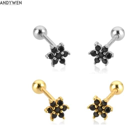 ANDYWEN 925 Sterling Silver Gold Zircon Black CZ Beads Stud Earring Flower Luxury Piercing Clips Women Rock Punk Jewelry Gift