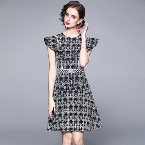 2021 New Temperament Crochet Dress Women Summer Flying Sleeve Lace Up A Line Elegant Dresses Women Clothes Vestidos Robe Femme