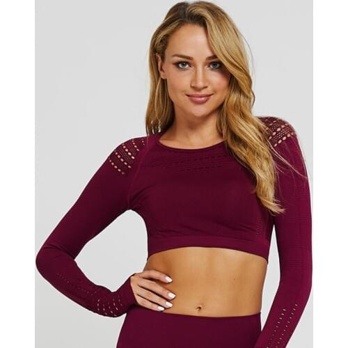 2020 Women Fitness T-Shirt Sport Crop Top Long Sleeve Layer Crew Neck Power Stretch Yoga Crop Top Sexy Gym Clothing Breathable