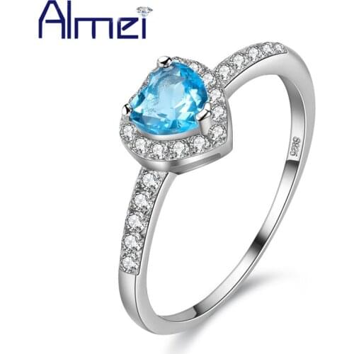 Almei 5%Off Heart Blue Zircon Wedding Rings for Women Silver Color Anel Jewely Fashion Crystal Love Ring for Lover Gifts JS2235