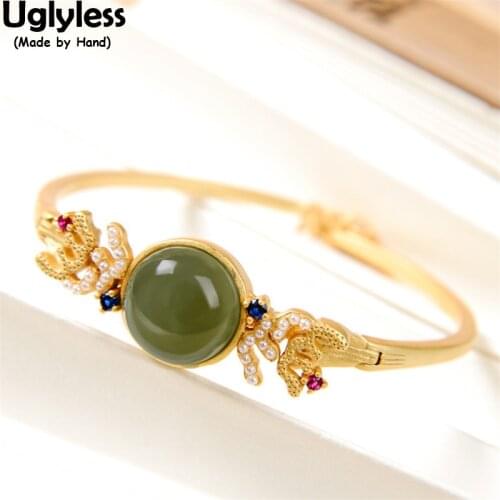 Uglyless Super MINI Natural Pearls Bangles for Women Natural Jade Gemstones Jewelry Gold Real 925 Silver Opening Bracelets Gems