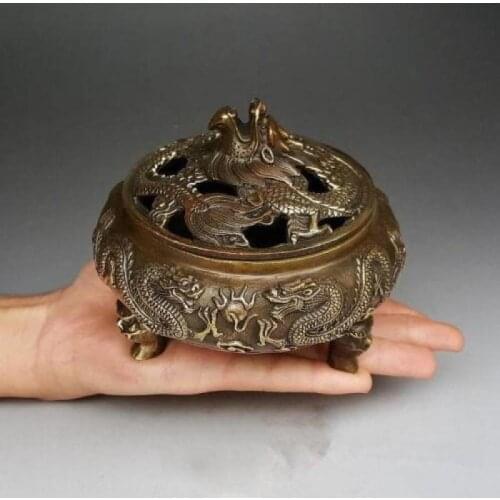 Buddhism Chinese handmade antique bronze zodiac 5 dragons Tap the lid Incense Burner censer