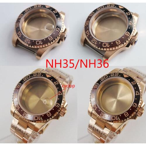 Rose Gold Coated Watch Cases for NH35 NH36 NH36A Sapphire Crystal Watch Bracelet Deployment Clasp Screw Crown Black Red Insert