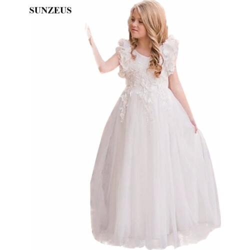 Appliques Tulle Long Flower Girls Dresses A-line Tank Ruffles Children Party Gowns For Wedding FLG002