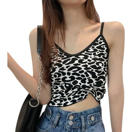 Womens Leopard V Neck Slim Vest Summer Sexy Knitted Camisole Tank Tops