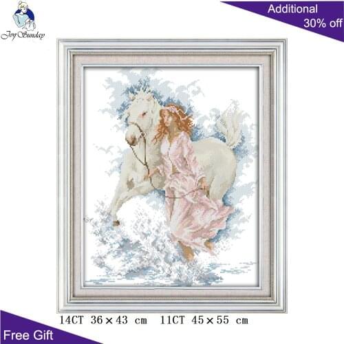 Joy Sunday Horse Woman Home Decoration R957 14CT 11CT Counted and Stamped The Girl Walk With Her Horse Cross Stitch kits