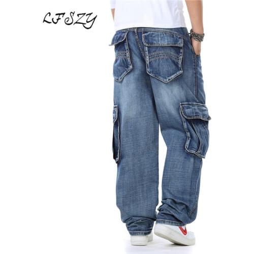 LFSZY New Japan Style Brand Mens Modis Straight Denim Cargo Pants Biker Jeans Men Baggy Loose Blue Jeans With Side Pockets Jeans
