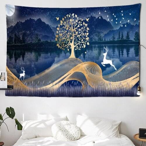 Landscape Tapestry Deer Moon Wall Cloth Forest Living Room Cloth Background Cloth Bohemian Tapestry Starry Night Galaxy Decor