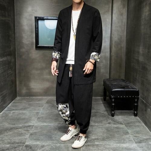 Traditional Chinese Man Clothing Set Long Sleeve Splice Cardigan Coat Print Wide Leg Trousers Oriental Retro Hip Hop Streetwear