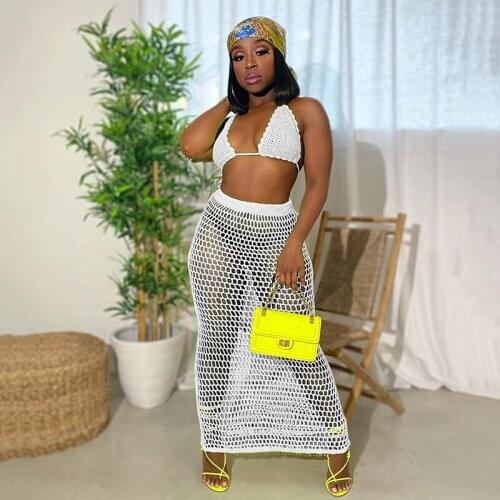 Summer Womens Sexy Charming knitting See-through Beach Wear Hollow Out Backless Bikini Bra+Fishing Net Long Skirt 2 Piece Sets