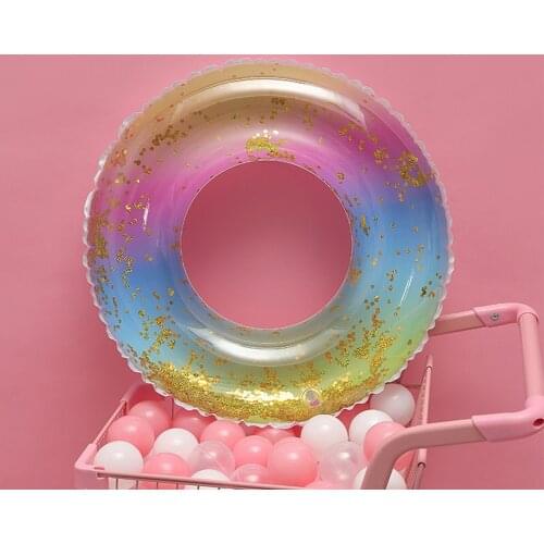 Rainbow Gradient Inflatable Swimming Ring Glitter Sequins Pool Floats Water Circle Summer Beach Party Toys for Adult Children