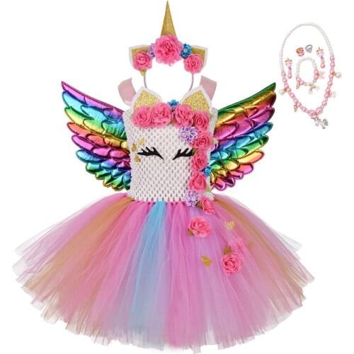 Pastel Unicorn Tutu Dresses for Girls Pink Flower Party Dress Children Mesh Knee Length with Headband Wings Halloween Costumes